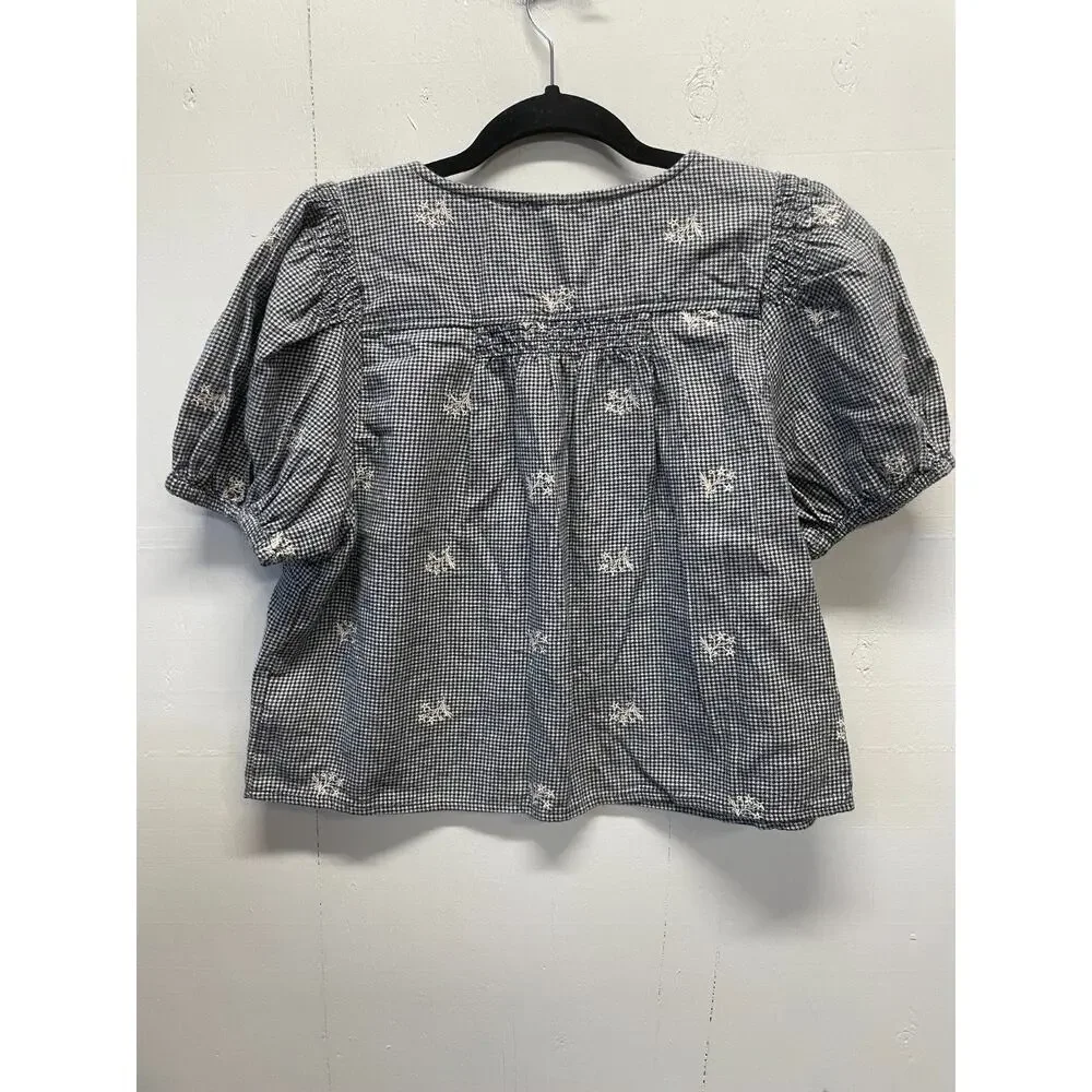 Madewell Women's V Neck Top Small Puff Sleeves Cropped Navy & Ivory Houndstooth
